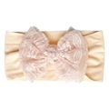 Soft peach stretch nylon baby headband featuring a delicate large lace bow for infant girls - Flesh Pink
