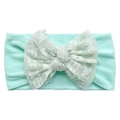 Detail of mint green baby headband with large creamy white floral lace bow on white background - Mint Green