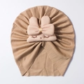 Newborn khaki cotton turban hat with pink plush rabbit ears and cute eyelash embroidery - Coffee