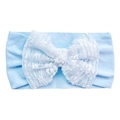 Detail of baby headband featuring soft blue elastic fabric and large white lace bow - Blue