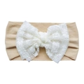 Baby headband with khaki elastic nylon band and large white lace bow accessory - Light Coffee