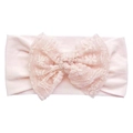Detail view of the soft light pink baby headband with a large delicate lace bow design - Light Pink
