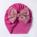 Pink waffle knit baby turban hat featuring a large silver star print bow accessory - Rose Red