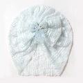 Light blue lace baby turban hat with breathable mesh bow and elegant pearl accent - Blue