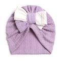 Purple cable knit baby turban hat with a layered white and purple bow accent - Purple