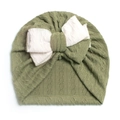 Soft grass green baby turban hat with double-layered contrast bow and knit texture - Green