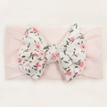 Detail of baby floral bow headband with ribbed fabric texture and elastic nylon band - Light Pink