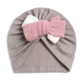 Baby turban hat in taupe knit with large pink and white bow decoration - Gray