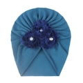 Bonnet turban bébé bleu paon bleu pour bébé avec trois fleurs et perles en tricot extensible - Bleu Marine