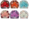 Detailed close-up of six printed baby turbans with 3D fabric flowers and pearl accents - Mixed 6 Colors