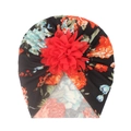 Detail of baby floral turban featuring soft knit fabric and large red fabric flower - Letter F