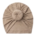 Soft cotton baby turban donut hat in khaki with center knot design and breathable knit fabric - Dark Coffee
