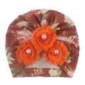 Detail of floral baby turban hat in brown with three orange fabric flowers and pearls - Brown Floral (C)