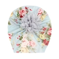 Close-up of baby beanie with floral print and a 3D grey fabric flower decoration - Letter E