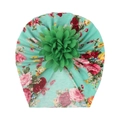 Detail view of mint green baby turban featuring pink rose print and 3D mesh flower - Letter G
