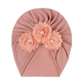 Bonnet turban bébé rose poudré avec trois fleurs en mousseline et perles en coton - Rose Poudré