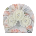 Cute baby turban hat with floral print and 3D flowers with pearls on grey fabric - Grey-White Floral (G)