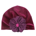 Gorro turbante para bebé de terciopelo burdeos con una gran flor de tela morada - Rojo Púrpura