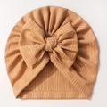 Bonnet pour nouveau-né en tricot côtelé jaune gingembre avec un grand nœud - Café