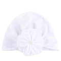 Close-up of white baby turban hat with a large soft flower and pearl bead detail - White