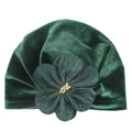 Detail view of dark green velvet baby turban hat with decorative floral bead center - Dark Green