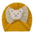 Infant yellow knit turban hat with plush bear ears and glittery mesh bow accent - Khaki/Earth Yellow