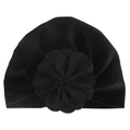 Close-up of a soft black velvet baby turban hat with a large layered flower detail - Black