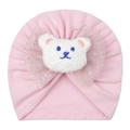 Pink cotton baby hat featuring a white plush bear and silver-dotted mesh bow design - Pink