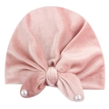 Detail of soft pink velvet baby turban hat with bow knot and white pearl accents - Dusky Pink