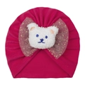 Cute baby turban hat in rose red with large golden dot bow and plush bear decoration - Rose Red