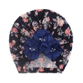 Close-up of floral baby turban featuring three 3D chiffon flowers with pearl centers - Navy Orange Floral (A)