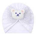 Baby white knot hat with silver glitter mesh bow and plush bear detail for infants - White