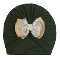 Detailed close-up of dark green baby turban with ribbon, lace, and faux pearl bow - Dark Green
