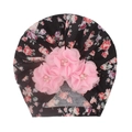 Baby floral turban cap with pink chiffon flowers and pearl beads on black floral fabric - Black Pink Floral (C)