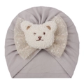 Bonnet turban bébé gris clair avec grand nœud en résille argentée et détail d'ours - Gris