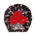 Infant floral beanie in black with small pink blossoms and red chiffon 3D flower accents - Black Red Floral (D)