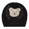 Bonnet turban bébé noir avec grand nœud à pois dorés et détail d'ours en peluche - Noir