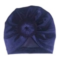Detailed texture of dark blue velvet donut turban hat for babies with soft plush finish - Navy Blue