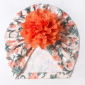 Dettaglio del turbante per neonati in tessuto a coste con grande fiore in pizzo - Beige Floreale Rosa E Arancione (D)
