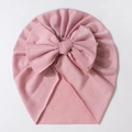 Pink rib-knit baby turban hat with a large bow decoration for infants and toddlers - Dusky Pink