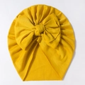Cute ginger yellow baby hat with a large bow, made of soft elastic knitted cotton fabric - Khaki/Earth Yellow