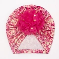 Turbant rose pour bébé avec motif floral, grande fleur en mousseline et sequins dorés - Style Floral Rose Clair (E)