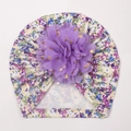 Gele baby tulband muts met bloemenprint, grote paarse chiffon bloem en gouden stippen - Lichtgeel Groen Bloemenpatroon Stijl (D)