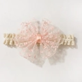 Close-up of baby lace headband with pink embroidered mesh bow on white background - Light Pink
