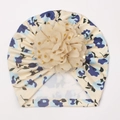 Detail van beige baby tulbandmuts met een grote gouden polka dot chiffon bloem decoratie - Beige Blauw Bloemenpatroon Stijl (C)