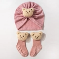 Pink baby turban hat and socks set with cute plush bears and shimmering gold ears - Pink