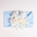 Light blue nylon baby headband with white lace and cream crochet floral bow - Blue