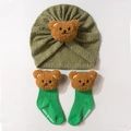 Olive green knit baby hat and socks set with cute brown plush lion character heads - Green
