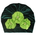 Bonnet turban bébé en velours vert foncé avec fleurs en mousseline et perles - Vert Foncé