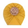 Infant yellow turban hat featuring a large champagne satin rose flower decoration - Khaki/Earth Yellow